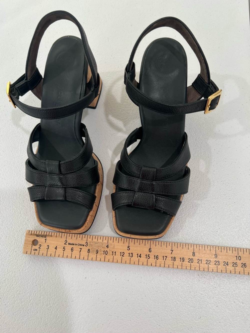 PAUL GREEN Black Leather Cork-Platform Strappy Sandals comfor insole 7 - Picture 13 of 13